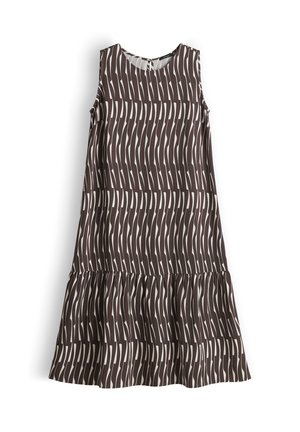 Vestito senza maniche a linea A con gonna a balze, caratterizzato da un motivo a righe verticali ondulate marrone scuro e bianco e scollo rotondo.