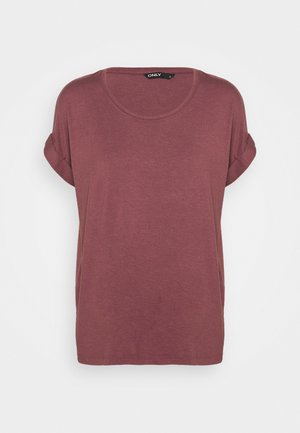 Bordeaux-rotes T-Shirt mit kurzen Ärmeln, Rundhals, weicher Stoff, leicht lockere Passform, aufgerollte Ärmel, keine Muster oder Akzente.
