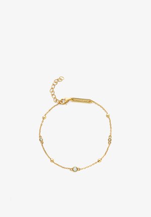 Goldkettengliederarmband mit kleinen runden Perlen und zwei dekorativen Steinen. Verstellbarer Verschluss mit einer Plakette mit der Aufschrift "SINGULARE".