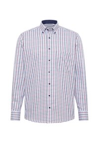 Overhemd met lange mouwen van katoen, met een witte basis en een blauw-rood geruit patroon, knoopsluiting bij de kraag en een borstzak.