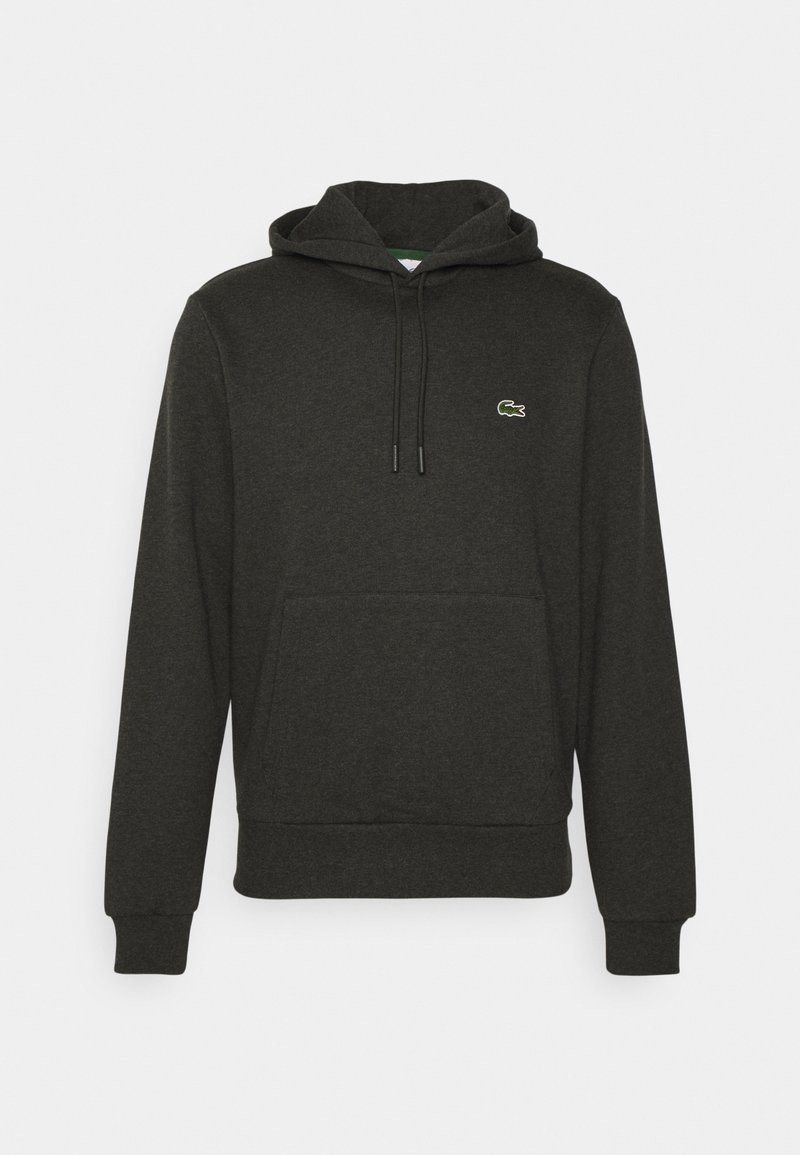 Sweat à capuche gris foncé avec poche kangourou à l'avant et petit logo crocodile vert sur la poitrine gauche.