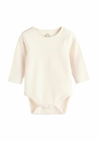 Bodysuit za bebe s dugim rukavima od mekog kremastog rebrastog materijala, s okruglim izrezom i dugmadi na dnu za jednostavno oblačenje.