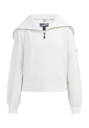 Hvid sweatshirt med høj krave og kvart lynlås, med ribbet manchetter og kant, lavet af blødt stof, med minimal detaljer.
