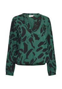 Blouse verte à manches longues, avec un col en V et un motif léopard abstrait noir. Confectionnée dans un tissu lisse et léger.
