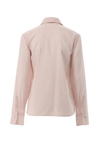 Light pink long-sleeve shirt with a collar, smooth texture, and buttoned cuffs. Back view shows a simple, streamlined design.