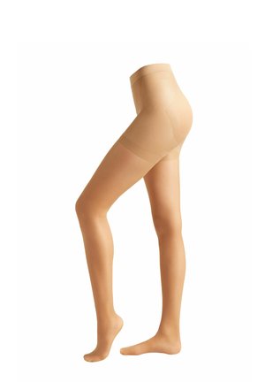 Beige, gennemsigtige strømpebukser med en glat tekstur, høj talje og uden fødder, der giver et sammenhængende look fra talje til fødder.