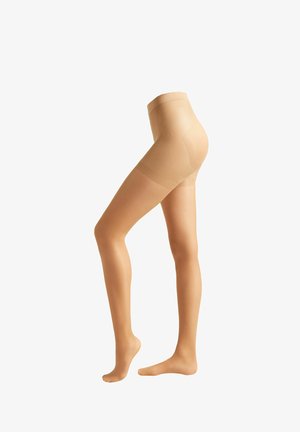 Collant beige trasparente con una texture liscia, vita alta e design senza piedi, che offre un aspetto uniforme dalla vita ai piedi.