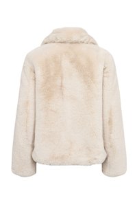 Veste en fausse fourrure beige vue de dos, avec des manches longues et une texture douce et pelucheuse.