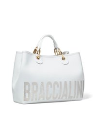 Borsa bianca realizzata in materiale sintetico liscio, con accessori dorati e un'imponente decorazione con logo argento. Forma strutturata con doppi manici.