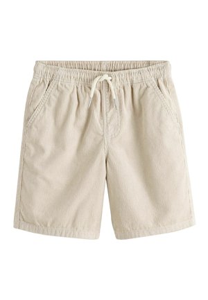 Beżowe szorty sztruksowe z elastycznym paskiem, sznurkiem do wiązania oraz bocznymi kieszeniami, prezentowane na białym tle.