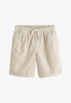 Short en velours côtelé beige avec taille élastique, cordon de serrage et poches latérales, présenté sur fond blanc.