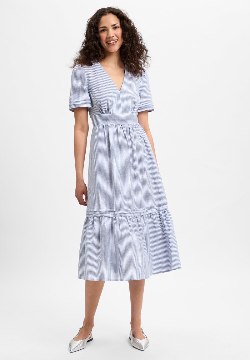 Gestreiftes Baumwollkleid mit V-Ausschnitt, kurzen Puffärmeln, tailliertem Bund und gestuftem Saum. Getragen mit silbernen Schuhen.