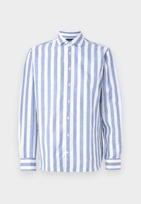 Camicia leggera a righe blu e bianche. Presenta maniche lunghe, chiusura con bottoni e polsini con righe orizzontali alle estremità.