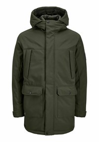 Olijfgroene parka jas met een capuchon, twee voorkruiszakken en een ritssluiting. Gemaakt van een gladde, duurzame stof met een warme voering.