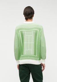 Pull en tricot vert avec un motif géométrique blanc et des accents texturés dans le dos. Il présente un col et des poignets côtelés blancs.