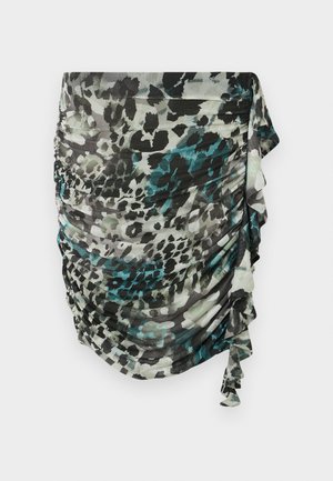 Ruched, lightweight skirt in shades of green, black, and gray with a leopard print pattern and ruffled detailing along the side.