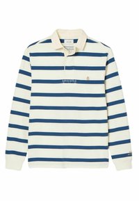 Koszulka polo z długim rękawem, charakteryzująca się poziomymi pasekami w granatowym i białym kolorze, jasnym kołnierzykiem oraz małym haftowanym logo na piersi.