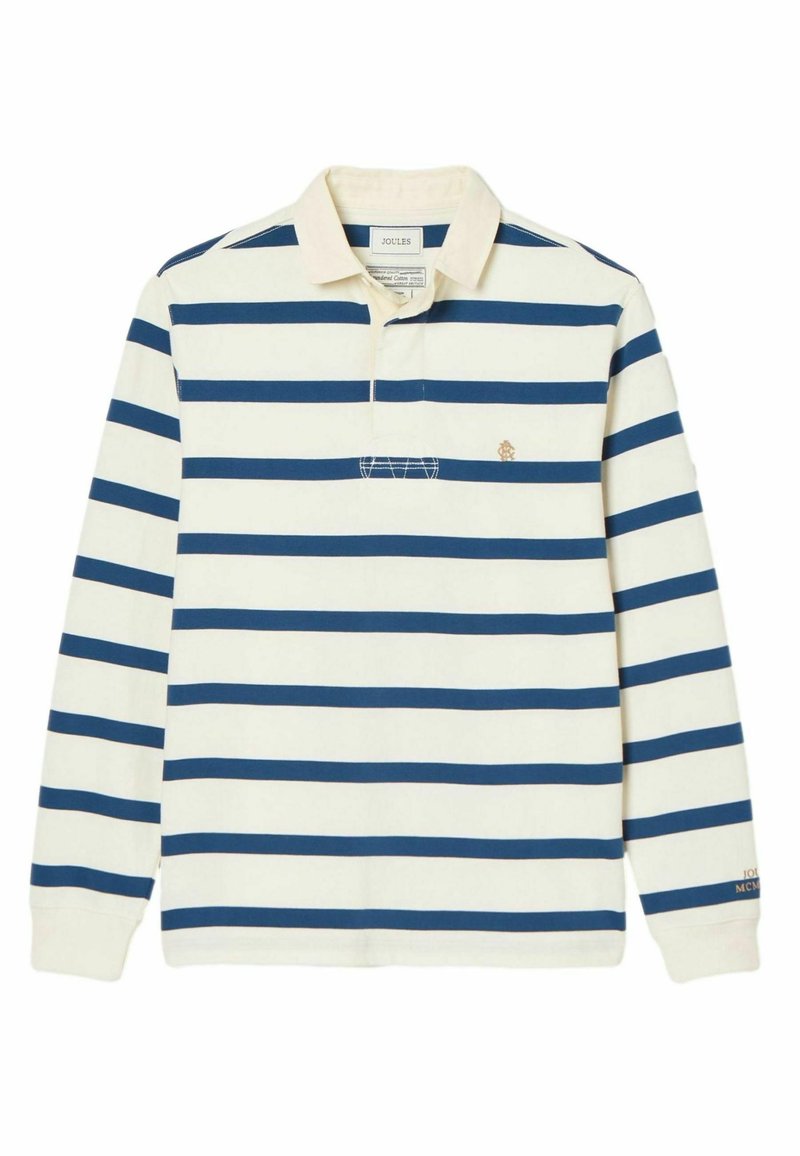 Koszulka polo z długim rękawem, charakteryzująca się poziomymi pasekami w granatowym i białym kolorze, jasnym kołnierzykiem oraz małym haftowanym logo na piersi.