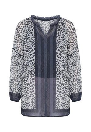 Przezroczysta bluzka na długi rękaw z czarno-białym nadrukiem w panterkę, czarna lamówka na dekolcie, mankietach i pionowym centralnym panelu.