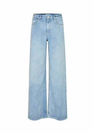 Light blue wide-leg jeans made from denim. Features a high waist, five pockets, and a button closure. Smooth texture with faint whisker detail.