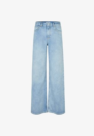 Light blue wide-leg jeans made from denim. Features a high waist, five pockets, and a button closure. Smooth texture with faint whisker detail.
