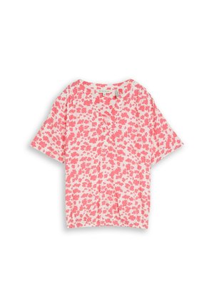 Short-sleeve pink and white floral blouse with V-neck and elastic hem, laid flat on a white background.