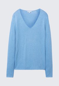 Jasnoniebieska bluzka na długi rękaw z głębokim dekoltem w serek, wykonana z miękkiego materiału, o luźnym kroju i prostej formie. Bez wzorów i ozdób.