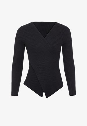 Maglietta nera a coste con maniche lunghe, scollatura a V e design incrociato davanti. Presenta una silhouette aderente e orlo a punta per un look moderno.