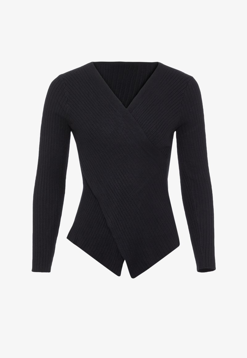 Top lung cu mânecă lungă, tricotat cu model rib, de culoare neagră, cu decolteu în V și design frontal încrucișat. Prezintă o siluetă ajustată și un hemline ascuțit pentru un aspect modern.