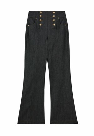 Tumedast teksast lehvikpüksid kõrge vööosaga, millel on viis kuldse tooni nuppu, kaks esitaskut ja nähtavad õmblused.