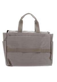Sac fourre-tout en tissu gris avec deux poignées supérieures, doté d'une fermeture zippée et de plusieurs poches extérieures. Surface texturée avec une forme rectangulaire.