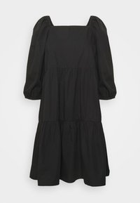 Vestido de algodão preto com decote quadrado, mangas bufantes e design em camadas. Apresenta uma textura suave e uma silhueta fluida.