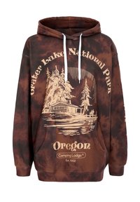 Brun batik hoodie med ett framsidegrafik av Crater Lake National Park, Oregon, med vita snoddar och kängurufickor.