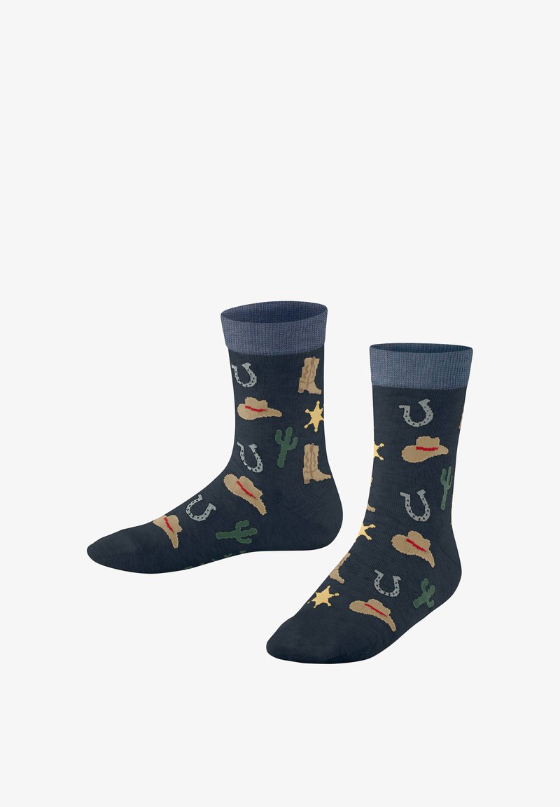 Chaussettes bleu foncé avec motifs de chapeaux de cowboy, bottes, fers à cheval, cactus et étoiles de shérif, présentant un design à revers plié.