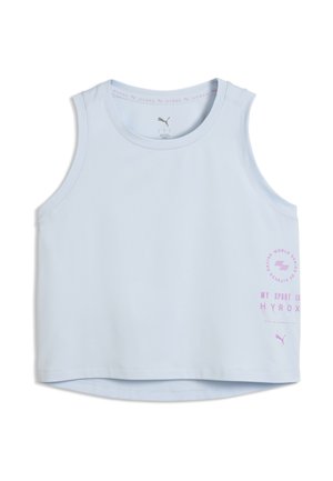 Top deportivo sin mangas azul claro con logo rosa de Puma y texto "My Sport is Hyrox" en el lado derecho.