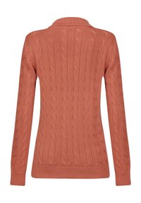 Grober Strickpullover in Terrakottafarbe mit einem Kragen, langen Ärmeln und strukturierten Mustern im gesamten Design.