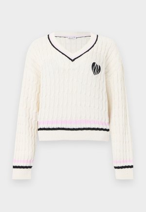Noisy May, NMMAKI CABLE V NECK  - Jersey de punto - cloud dancer/begonia pink/black