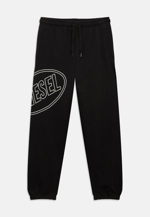Pantaloni de trening negri cu talie și manșete elastice, șnur de ajustare, buzunare laterale și logo "DIESEL" conturat alb pe coapsa stângă.