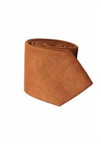 Ruskea teksturoitu solmio, rullattu ympyrän muotoon. Kangas näyttää kevyeltä hienovaraisella kudontakuviolla ja siinä on terävä pää.