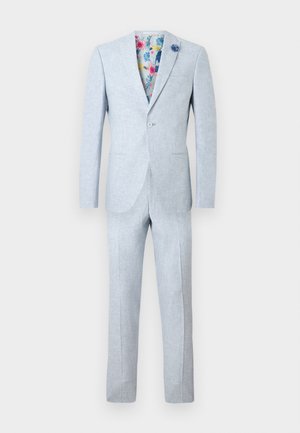 Lichtgrijze herenkostuum met een blazer met enkele knoop, bloemenprint aan de binnenkant en bijpassende broek, weergegeven tegen een witte achtergrond.