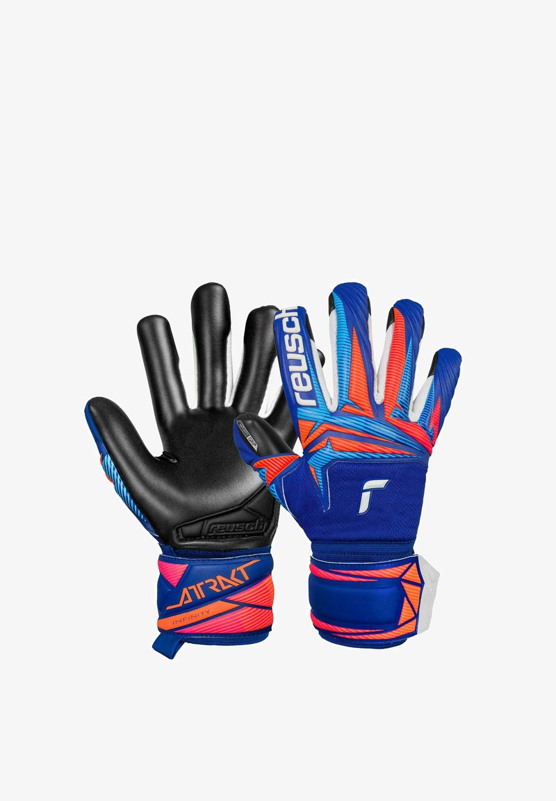 Gants de gardien Reusch avec paume en latex noir, dos texturé bleu et orange, sangle de poignet ajustable et éléments de design géométriques.