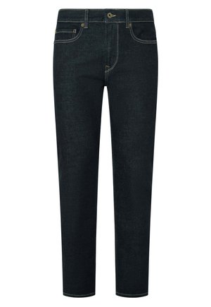 Jeans in denim scuro con taglio dritto, caratterizzati da cuciture arancioni, chiusura con bottone classico e design a cinque tasche.