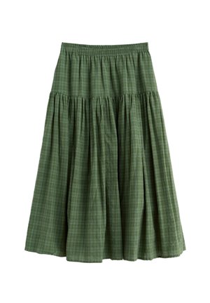 Jupe midi à carreaux verts avec tissu froncé et ceinture élastique, présentée sur fond blanc.