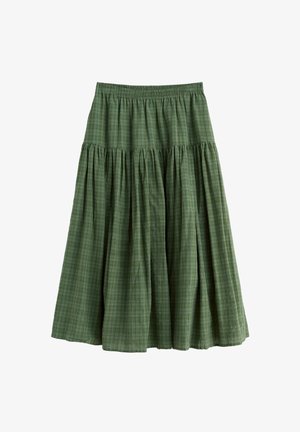 Fustă midi în carouri verzi, cu material adunat și talie elastică, prezentată pe un fundal alb.