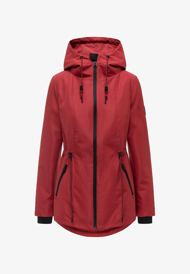 Rote Kapuzenjacke mit schwarzem Reißverschluss und Kordeln, zwei vorderen Reißverschlusstaschen und langen Ärmeln mit schwarzen inneren Bündchen.