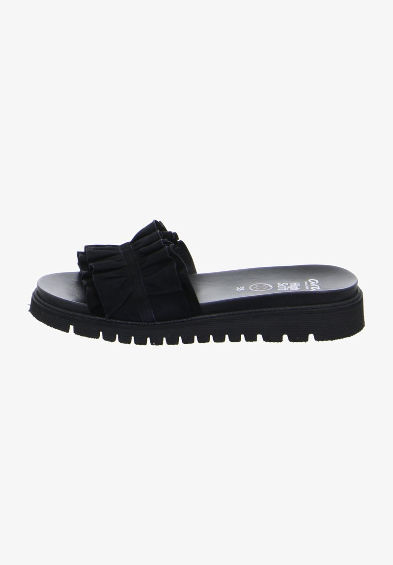 Sort sandal med en struktureret stof-overdel, en sløjfedetail, en polstret sål og en tykkere, rillet gummisål for bedre greb.