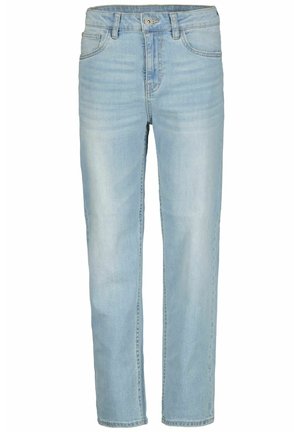 Jasnoniebieskie dżinsy z prostymi nogawkami, wyposażone w pięć kieszeni, zapięcie na guziki z przodu oraz delikatne przetarcia.