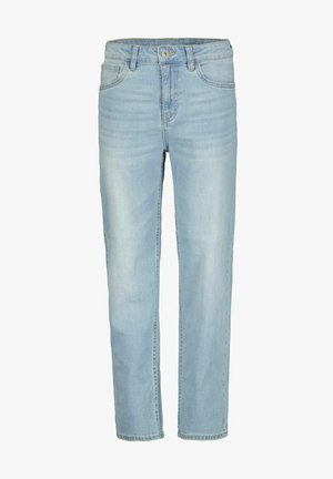 Hellblaue Jeans aus Denim mit geradem Bein, ausgestattet mit fünf Taschen, einem vorderen Knopfverschluss und dezentem Used-Look.