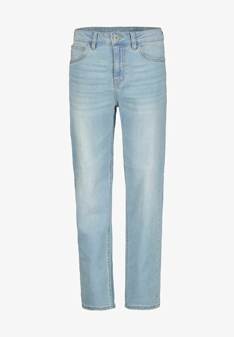 Jean en denim bleu clair avec une coupe droite, comprenant cinq poches, une fermeture à boutons sur le devant et un léger effet délavé.