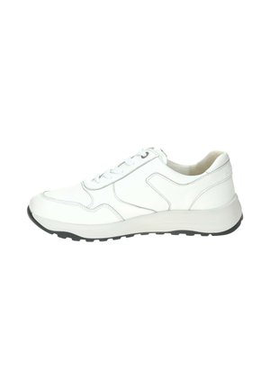Weißer Ledersneaker mit Schnürung vorne, gepolstertem Kragen und schwarzer Gummisohle, dargestellt in rechter Seitenansicht auf weißem Hintergrund.